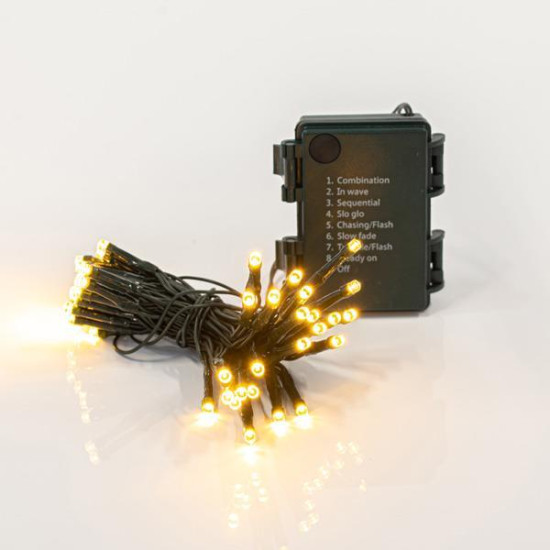 ΣΕΙΡΑ, 48 LED 3mm, ΜΠΑΤΑΡΙΑΣ 3xAA, 8 ΠΡΟΓΡΑΜΜΑΤΑ & ΜΝΗΜΗ, TIMER, ΠΡΑΣΙΝΟ PVC ΚΑΛΩΔΙΟ, ΘΕΡΜΟ ΛΕΥΚΟ LED ΑΝΑ 7.5cm, ΠΡΟΕΚΤΑΣΗ ΠΑΡΟΧΗΣ 50cm, IP44