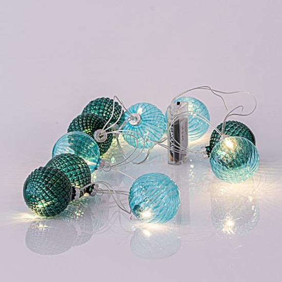ΣΕΙΡΑ, 10 LED 5mm, ΠΡΑΣΙΝΕΣ ΓΥΑΛΙΝΕΣ ΜΠΑΛΕΣ 6cm, ΜΠΑΤΑΡΙΑΣ 3xAA, ΔΙΑΦΑΝΟ PVC ΚΑΛΩΔΙΟ, ΘΕΡΜΟ ΛΕΥΚΟ LED ΑΝΑ 15cm, ΠΡΟΕΚΤΑΣΗ ΠΑΡΟΧΗΣ 50cm, IP20
