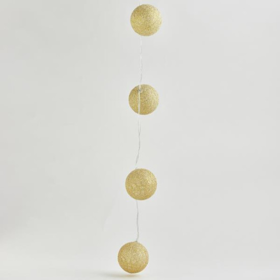 ΣΕΙΡΑ, 10 LED 5mm, ΧΡΥΣΕΣ ΥΦΑΣΜΑΤΙΝΕΣ ΜΠΑΛΕΣ 6cm,  ΜΠΑΤΑΡΙΑΣ 2xAA, ΧΡΟΝΟΔΙΑΚΟΠΤΗ, ΔΙΑΦΑΝΟ PVC ΚΑΛΩΔΙΟ, ΘΕΡΜΟ ΛΕΥΚΟ ΑΝΑ 15cm, ΠΡΟΕΚΤΑΣΗ ΠΑΡΟΧΗΣ 30cm, IP20