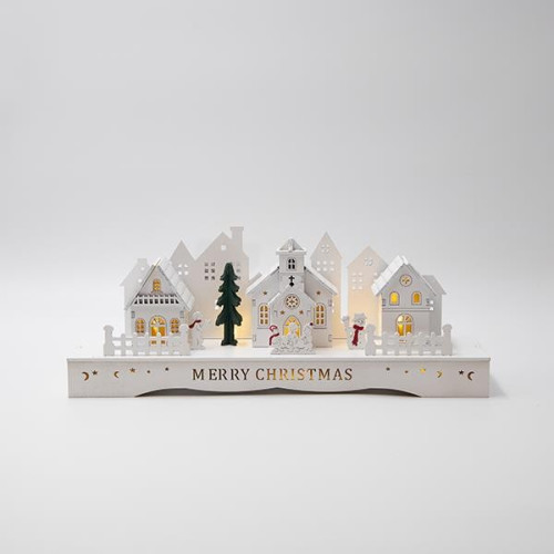 ΞΥΛΙΝΗ ΠΑΡΑΣΤΑΣΗ ΜΕ ΣΠΙΤΑΚΙΑ, ΛΕΥΚΗ, ΦΩΤΙΖΟΜΕΝΗ, TIMER, ΜΠΑΤΑΡΙΑΣ, 33x8x12.5cm