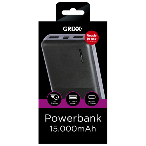 Grixx 15000mAh Powerbank type c black Grixx 15000mAh Powerbank type c black